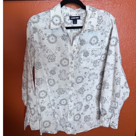 Lands' End Tops - Lands End Womens White Grey Floral Cotton Roll Tab Button Down Shirt Large 14-16